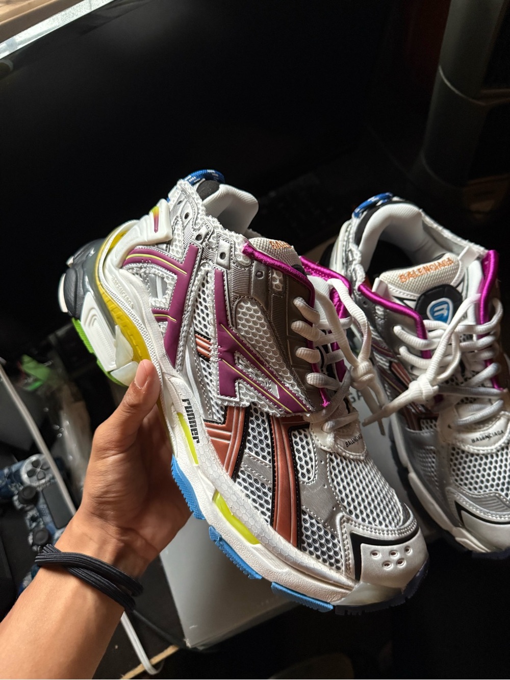 Balenciaga Multicolor Mesh Runner Sneakers - White with Purple & Brown Accents